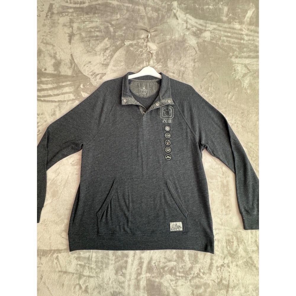 Disney Parks 2018 Mens Large Charcoal Gray Snap Henley Pullover‎ Sweatshirt WDW